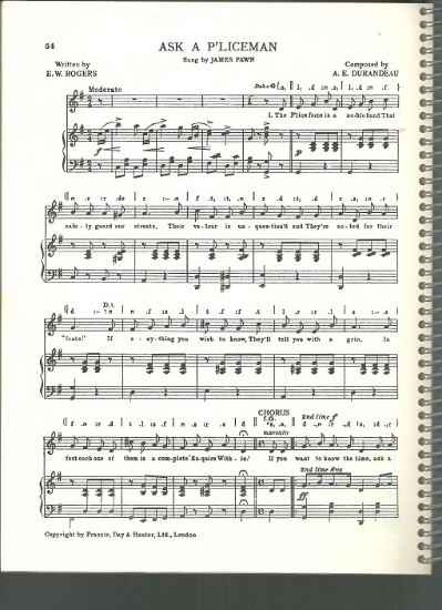 Picture of Ask a Policeman, E. W. Rogers & A. E. Durandeau, sung by James Fawn, British Music Hall, sheet music