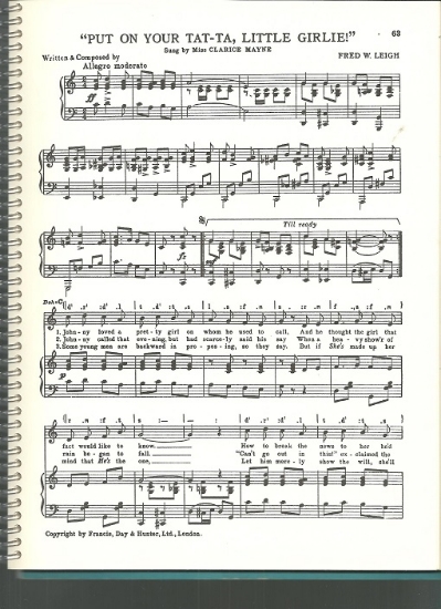 Picture of Put on Your Tat-Ta Little Girlie, Fred W. Leigh, sung by Miss Clarice Mayne, British Music Hall, sheet music