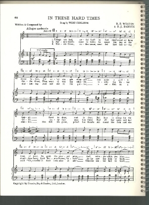 Picture of In These Hard Times, R. P. Weston & F. J. Barnes, sung by Whit Cunliffe, British Music Hall, sheet music
