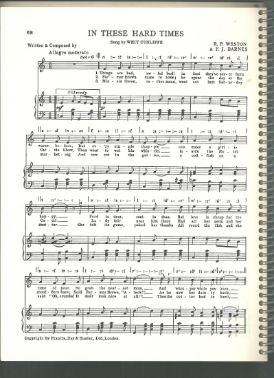 Picture of In These Hard Times, R. P. Weston & F. J. Barnes, sung by Whit Cunliffe, British Music Hall, sheet music