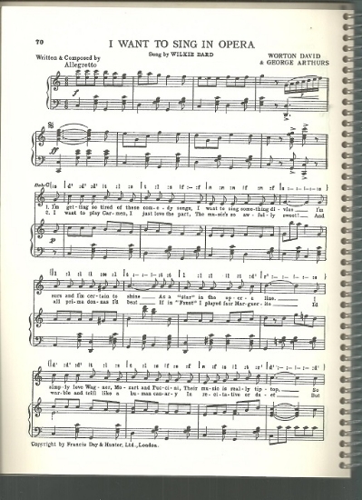 Picture of I Want to Sing Opera, Worton David & George Arthurs, sung by Wilkie Bard, British Music Hall, sheet music