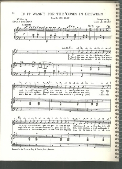 Picture of If it Wasn't for the 'ouses in Between, Edgar Bateman & George LeBrunn, sung by Gus Elen, British Music Hall, pdf copy