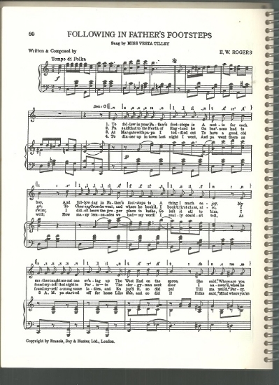 Picture of Following in Father's Footsteps, E. W. Rogers, sung by Miss Vesta Tilley, British Music Hall, sheet music