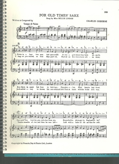Picture of For Old Times' Sake, Charles Osborne, sung by Millie Lindon, British Music Hall, sheet music