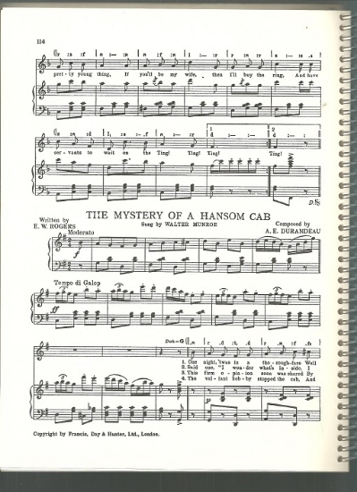 Picture of The Mystery of a Hansom Cab, E. W. Rogers & A. E. Durandeau, sung by Walter Munroe, British Music Hall sheet music