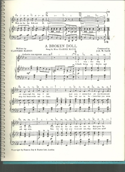 Picture of A Broken Doll, Clifford Harris &. J. W. Tate, sung by Miss Clarice Mayne, British Music Hall, sheet music