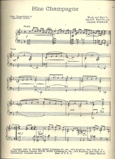 Picture of Blue Champagne, Grady Watts & Frank Ryerson, arr. Frankie Carle, piano solo, sheet music