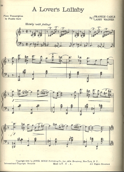 Picture of A Lover's Lullaby, Frankie Carle & Larry Wagner, piano solo, sheet music