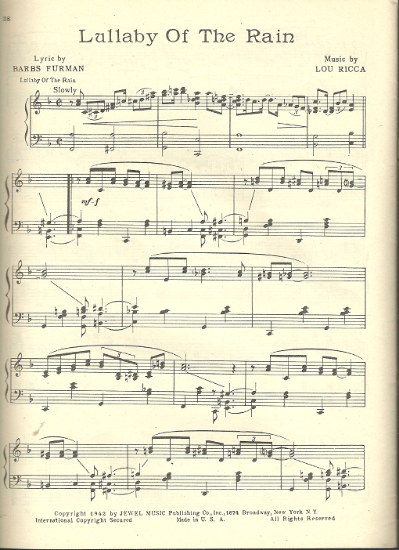 Picture of Lullaby of the Rain, Lou Ricca & Barbs Furman, arr. Frankie Carle for piano solo, sheet music