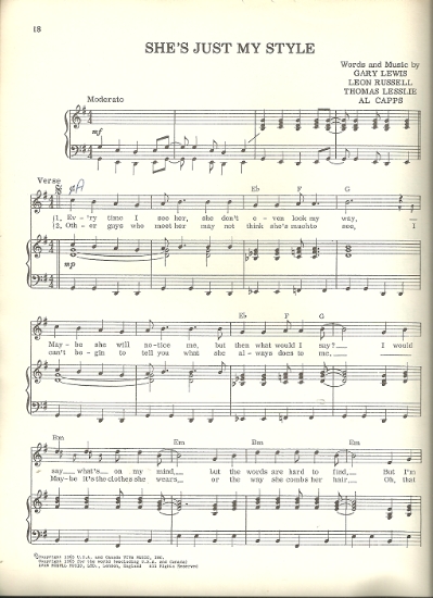 Picture of She's Just My Style, Thomas Lesslie/ Leon Russell /Al Capps/ Gary Lewis, recorded by Gary Lewis & The Playboys, sheet music