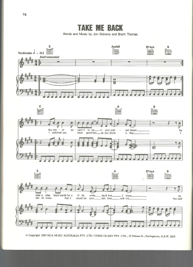 Picture of Take Me Back, Jon Stevens & Brent Thomas, recorded by Noiseworks, sheet music