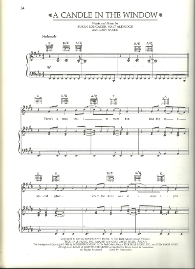 Picture of A Candle in the Window, Susan Longacre/ Walt Aldridge/ Gary Baker, recorded by Alabama, sheet music