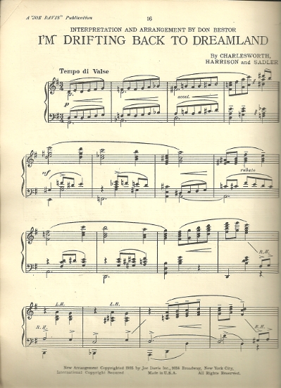 Picture of I'm Drifting Back to Dreamland, Charlesworth/ Harrison/ Sadler, transcribed for piano solo by Don Bestor, sheet music