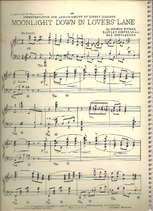 Picture of Moonlight Down in Lovers' Lane, Geoge Pitman/ Bartley Costello/ Max Kortlander, transcribed for piano solo by Johnny Johnson, sheet music