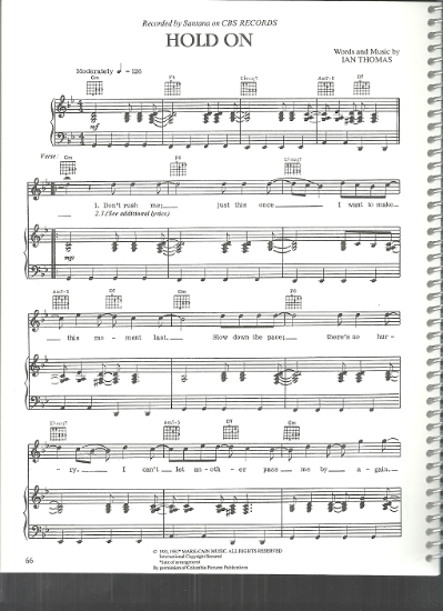Picture of Hold On, Ian Thomas, recorded by Santana, sheet music
