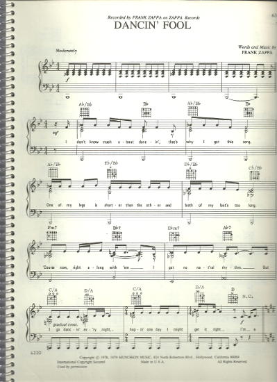 Picture of Dancin' Fool, Frank Zappa, sheet music