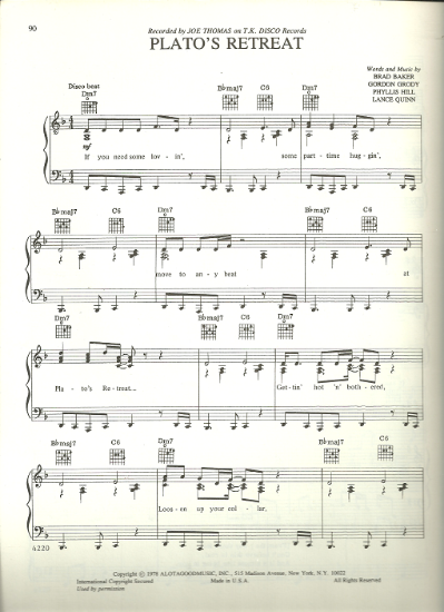 Picture of Plato's Retreat, Gordon Grody & Lance Quinn, recorded by Joe Thomas, sheet music