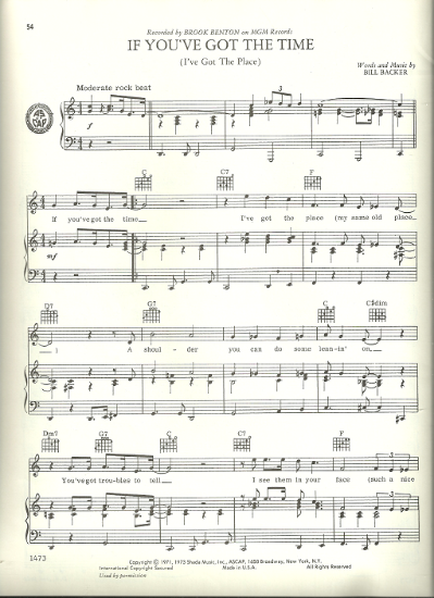 Picture of If You've Got the Time (I've Got the Place), Bill Backer, recorded by Brook Benton, sheet music