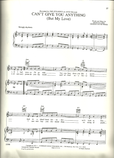 Picture of Can't Give You Anything (But My Love), Hugo & Luigi & George David Weiss, recorded by The Stylistics, sheet music, pdf copy 