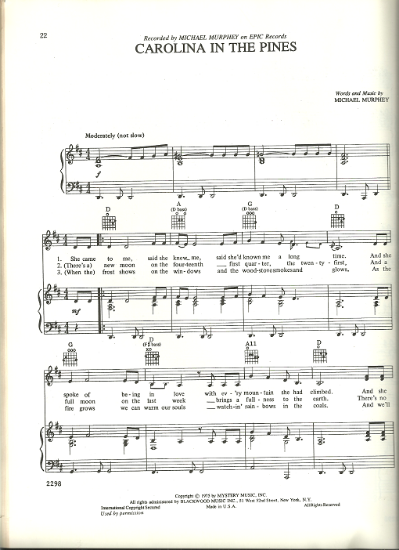 Picture of Carolina in the Pines, written & recorded by Michael Murphey, sheet music, pdf copy 