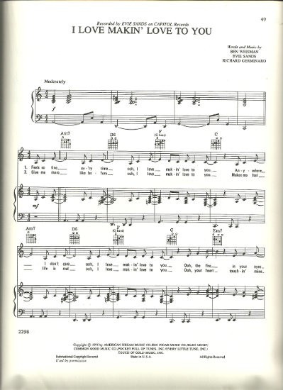 Picture of I Love Makin' Love to You, Ben Weisman/ Evie Sands/ Richard Germinaro, recorded by Evie Sands, sheet music, pdf copy 