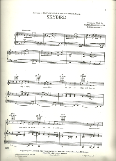 Picture of Skybird, Carole Bayer Sager & Bruce Roberts, recorded by Tony Orlando & Dawn, sheet music, pdf copy 