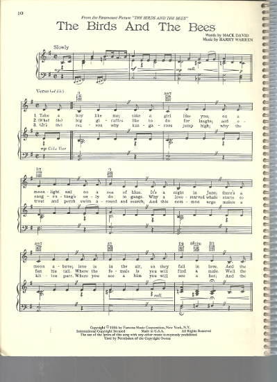 Picture of The Birds and the Bees, movie title song, Mack David & Harry Warren, sheet music