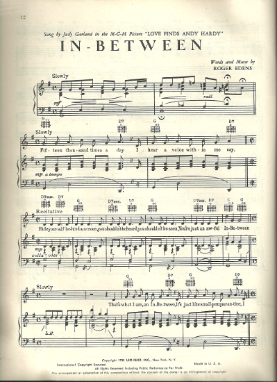 Picture of In-Between, from movie "Love Finds Andy Hardy", Roger Edens, sung by Judy Garland, sheet music