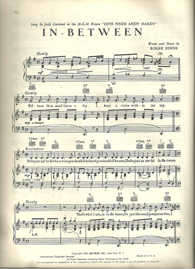 Picture of In-Between, from movie "Love Finds Andy Hardy", Roger Edens, sung by Judy Garland