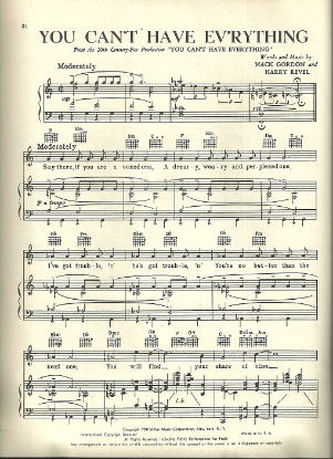 Picture of You Can't Have Everything, movie title song, Mack Gordon & Harry Revel, sung by Judy Garland, sheet music