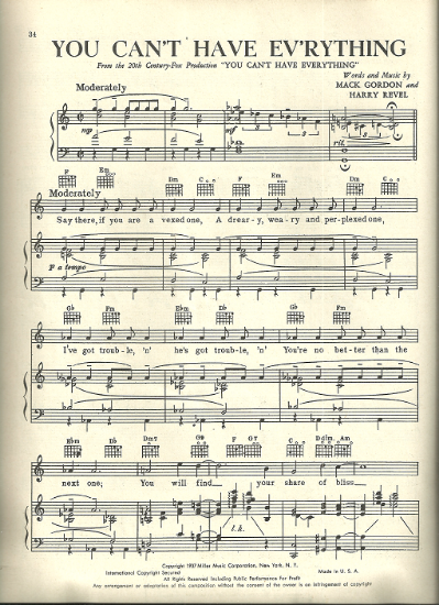Picture of You Can't Have Everything, movie title song, Mack Gordon & Harry Revel, sung by Judy Garland, sheet music