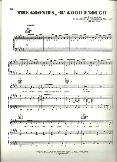 Picture of The Goonies 'R' Good Enough, movie title song, S. B. Lunt & A. Stead, recorded by Cyndi Lauper, sheet music