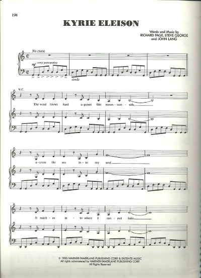 Picture of Kyrie Eleison, Richard Page/ Steve George/ John Land, recorded by Mr. Mister, sheet music
