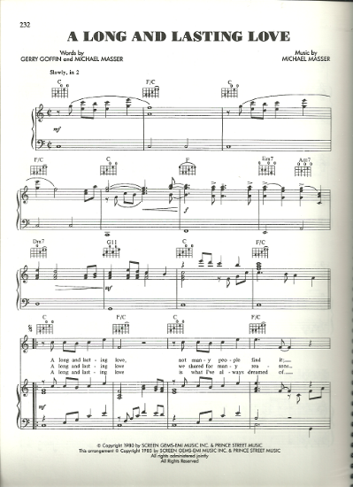 Picture of A Long and Lasting Love, Gerry Goffin & Michael Masser, recorded by Crystal Gayle, sheet music