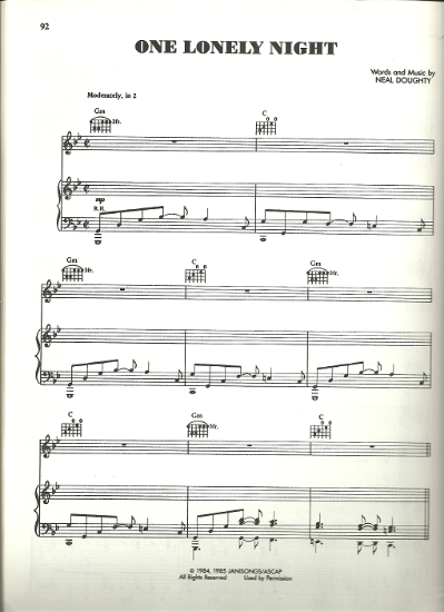 Picture of One Lonely Night, Neal Doughty, recorded by REO Speedwagon, sheet music