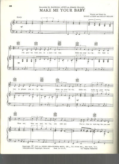 Picture of Make Me Your Baby, Roger Atkins & Helen Miller, recorded by Barbara Lewis, piano/ vocal sheet music