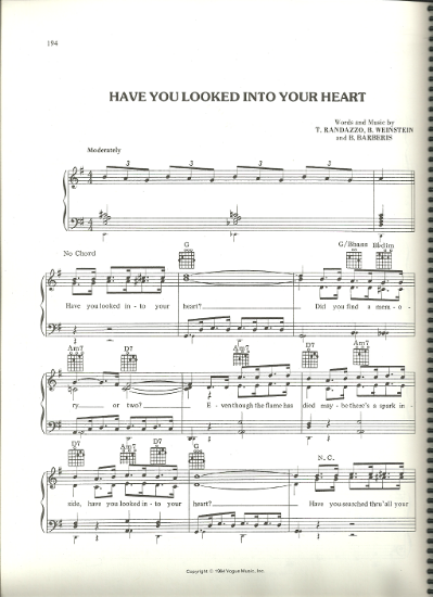 Picture of Have You Looked Into Your Heart, T. Randazzo/B. Weinstein/B. Barberis, recorded by Jerry Vale, sheet music, out of print - to be processed & e-mailed within 48 hours of receipt of order