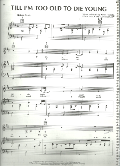 Picture of Till I'm Too Old to Die Young, John Hadley, Kevin Welch & Scott Dooley, recorded by Moe Bandy, sheet music