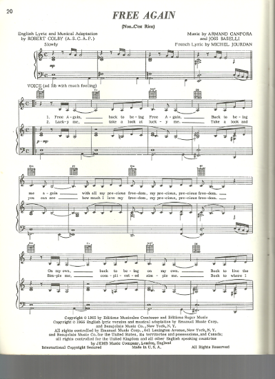 Picture of Free Again (Non c'est rien), Armand Canfora & Joss Baselli, recorded by Barbra Streisand, sheet music
