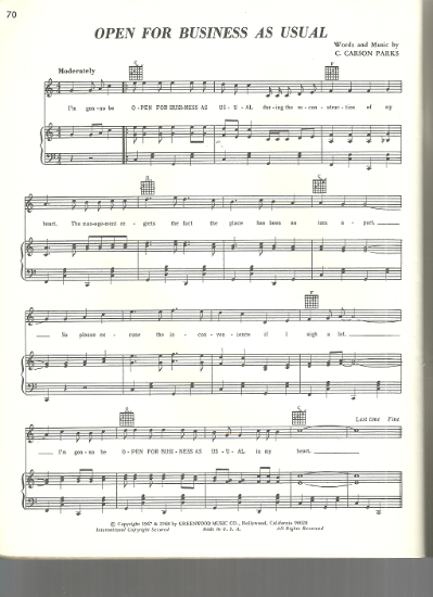 Picture of Open for Business as Usual, C. Carson Parks, recorded by Bobby Rydell, sheet music