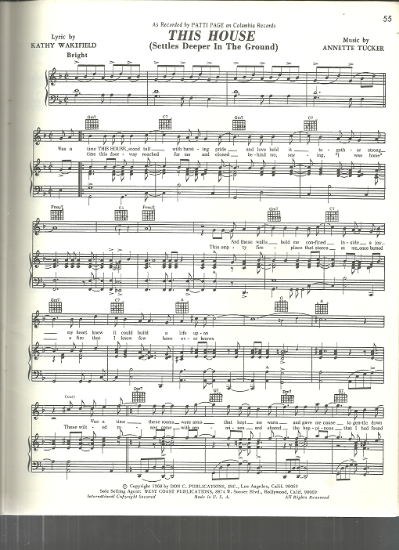 Picture of This House (Settles Deeper in the Ground), Kathy Wakefield & Annette Tucker, recorded by Patti Page, sheet music