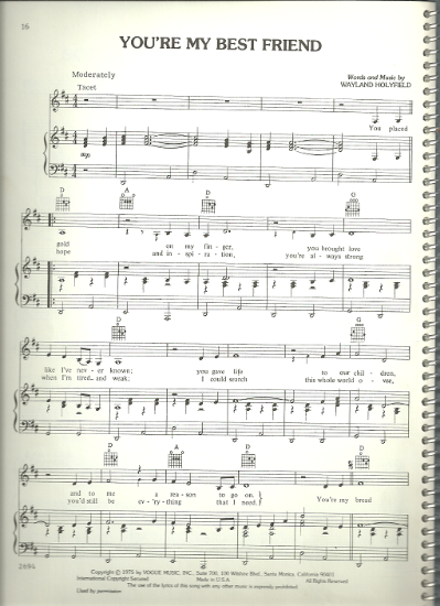 Picture of You're My Best Friend, Wayland Holyfield, recorded by Don Williams, sheet music