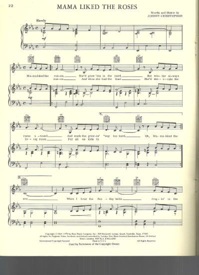 Picture of Mama Liked the Roses, Johnny Christopher, recorded by Elvis Presley, sheet music