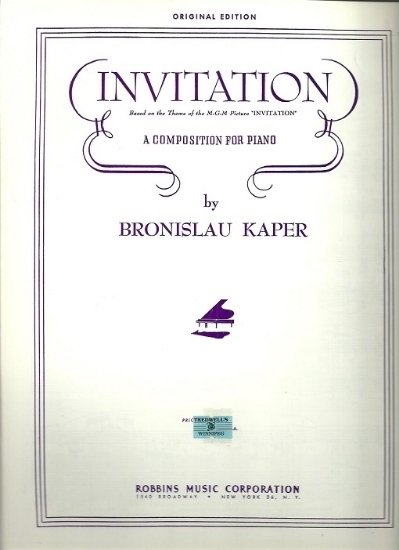 Picture of Invitation, movie title song, Bronislau Kaper, piano solo sheet music
