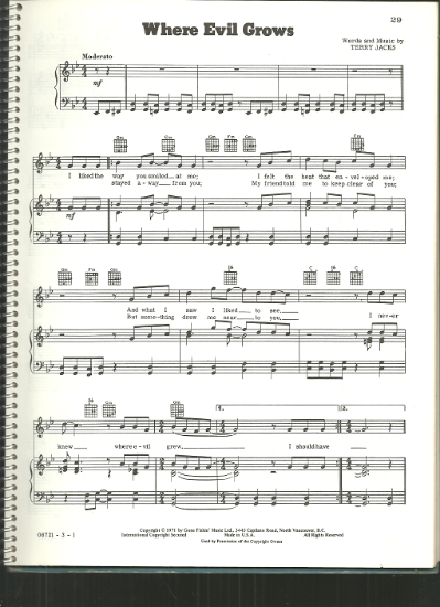 Picture of Where Evil Grows, Terry Jacks, recorded by The Poppy Family, sheet music