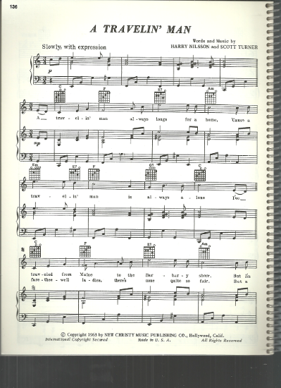 Picture of A Travelin' Man, Harry Nilsson & Scott Turner, recorded by The New Christy Minstrels, sheet music, pdf copy