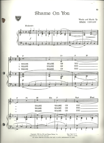 Picture of Shame on You, Spade Cooley, sheet music