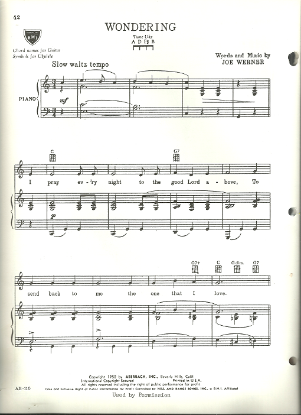 Picture of Wondering, Joe Werner, recorded by Webb Pierce, sheet music