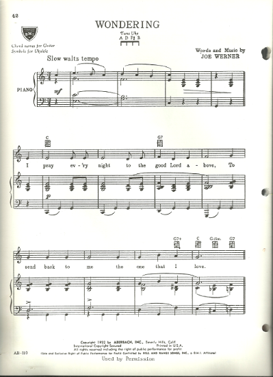 Picture of Wondering, Joe Werner, recorded by Webb Pierce, sheet music