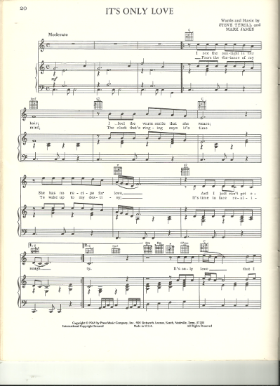 Picture of It's Only Love, Steve Tyrell & Mark James, recorded by B. J. Thomas, sheet music